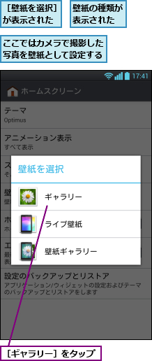 ここではカメラで撮影した写真を壁紙として設定する,壁紙の種類が表示された,［ギャラリー］をタップ,［壁紙を選択］が表示された