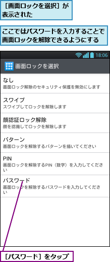 ここではパスワードを入力することで画面ロックを解除できるようにする,［パスワード］をタップ,［画面ロックを選択］が表示された      