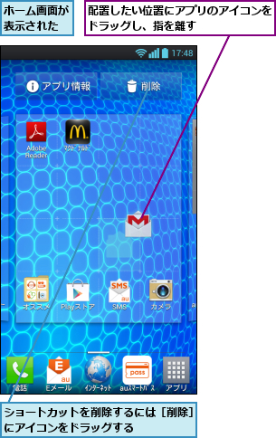 ショートカットを削除するには［削除］にアイコンをドラッグする      ,ホーム画面が表示された,配置したい位置にアプリのアイコンをドラッグし、指を離す      