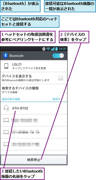 1 ヘッドセットの取扱説明書を参考にペアリングモードにする,2［デバイスの検索］をタップ,3 接続したいBluetooth機器の名前をタップ,ここではBluetooth対応のヘッドセットと接続する  ,接続可能なBluetooth機器の一覧が表示された,［Bluetooth］が表示された  