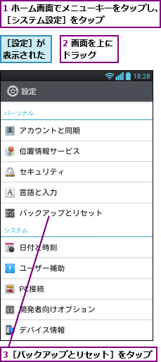 1 ホーム画面でメニューキーをタップし、［システム設定］をタップ        ,2 画面を上にドラッグ  ,3［バックアップとリセット］をタップ,［設定］が表示された