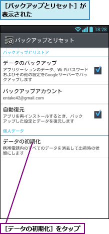 ［データの初期化］をタップ,［バックアップとリセット］が表示された        