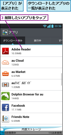 3 削除したいアプリをタップ,ダウンロードしたアプリの一覧が表示された    ,［アプリ］が表示された