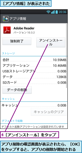 4［アンインストール］をタップ,アプリ削除の確認画面が表示されたら、［OK］をタップすると、アプリの削除が開始される,［アプリ情報］が表示された