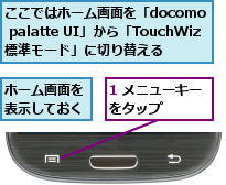 1 メニューキーをタップ   ,ここではホーム画面を「docomo palatte UI」から「TouchWiz標準モード」に切り替える,ホーム画面を表示しておく