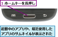 1 ホームキーを長押し,起動中のアプリや、最近使用したアプリのサムネイルが表示された