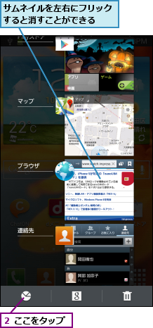 サムネイルを左右にフリックすると消すことができる  ,２ ここをタップ