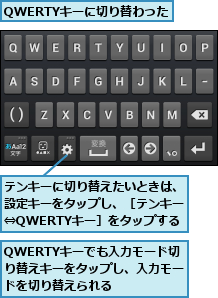 QWERTYキーでも入力モード切 り替えキーをタップし、入力モードを切り替えられる,QWERTYキーに切り替わった,テンキーに切り替えたいときは、設定キーをタップし、［テンキー⇔QWERTYキー］をタップする