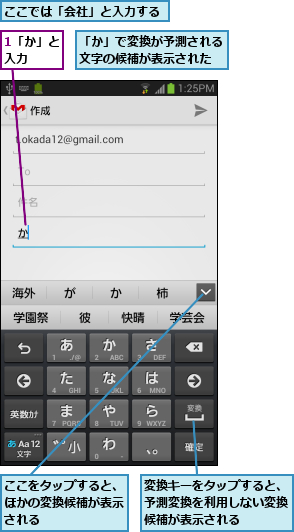 1「か」と入力  ,「か」で変換が予測される文字の候補が表示された,ここでは「会社」と入力する,ここをタップすると、ほかの変換候補が表示される,変換キーをタップすると、予測変換を利用しない変換候補が表示される