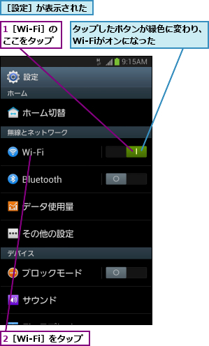 1［Wi-Fi］のここをタップ,2［Wi-Fi］をタップ,タップしたボタンが緑色に変わり、Wi-Fiがオンになった    ,［設定］が表示された