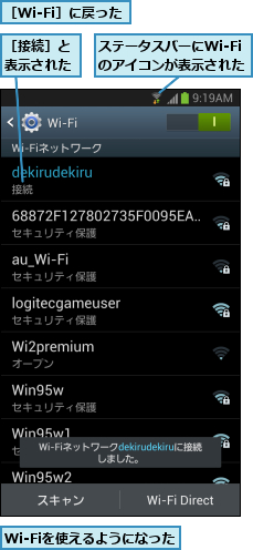 Wi-Fiを使えるようになった,ステータスバーにWi-Fiのアイコンが表示された,［Wi-Fi］に戻った,［接続］と表示された