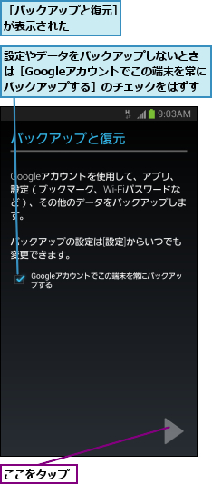 ここをタップ,設定やデータをバックアップしないときは［Googleアカウントでこの端末を常にバックアップする］のチェックをはずす,［バックアップと復元］が表示された    
