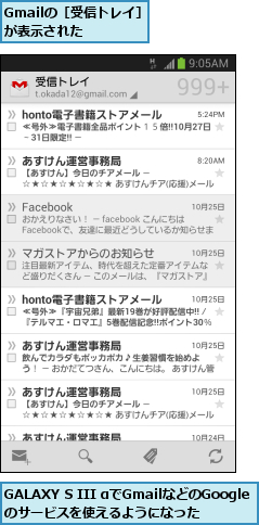 GALAXY S III αでGmailなどのGoogleのサービスを使えるようになった,Gmailの［受信トレイ］が表示された   