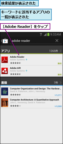 キーワードに該当するアプリの一覧が表示された     ,検索結果が表示された,［Adobe Reader］をタップ