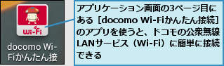 アプリケーション画面の3ページ目にある［docomo Wi-Fiかんたん接続］のアプリを使うと、ドコモの公衆無線LANサービス（Wi-Fi）に簡単に接続できる
