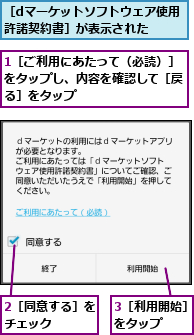 1［ご利用にあたって（必読）］をタップし、内容を確認して［戻る］をタップ,2［同意する］をチェック   ,3［利用開始］をタップ  ,［dマーケットソフトウェア使用許諾契約書］が表示された