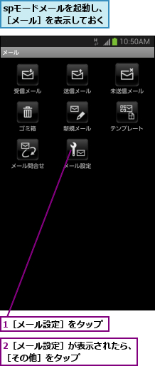 1［メール設定］をタップ,2［メール設定］が表示されたら、［その他］をタップ      ,spモードメールを起動し、［メール］を表示しておく