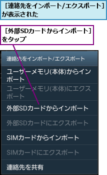 ［外部SDカードからインポート］をタップ               ,［連絡先をインポート/エクスポート］が表示された               