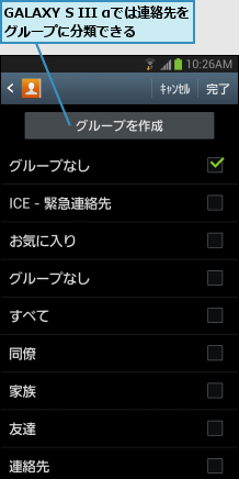 GALAXY S III αでは連絡先をグループに分類できる    