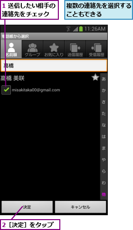 1 送信したい相手の連絡先をチェック  ,2［決定］をタップ,複数の連絡先を選択することもできる    
