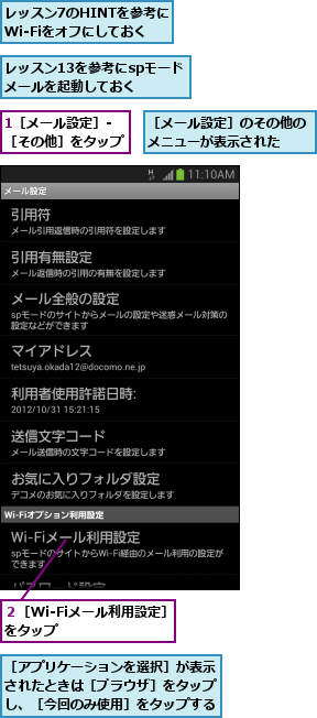 1［メール設定］‐［その他］をタップ,レッスン13を参考にspモードメールを起動しておく,レッスン7のHINTを参考にWi-Fiをオフにしておく,２［Wi-Fiメール利用設定］をタップ      ,［アプリケーションを選択］が表示されたときは［ブラウザ］をタップし、［今回のみ使用］をタップする,［メール設定］のその他のメニューが表示された  