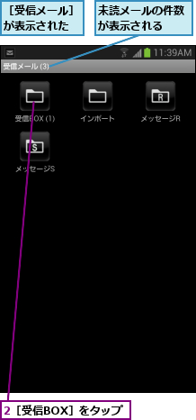 2［受信BOX］をタップ,未読メールの件数が表示される  ,［受信メール］が表示された