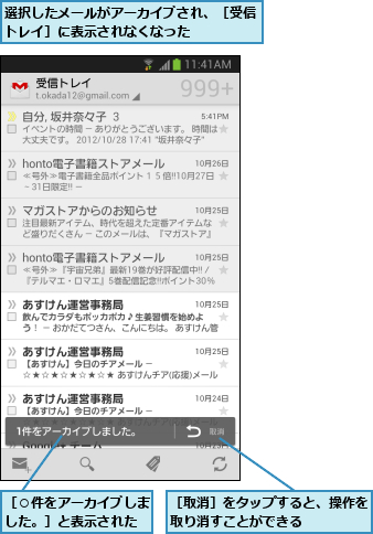 選択したメールがアーカイブされ、［受信トレイ］に表示されなくなった    ,［○件をアーカイブしました。］と表示された,［取消］をタップすると、操作を取り消すことができる    