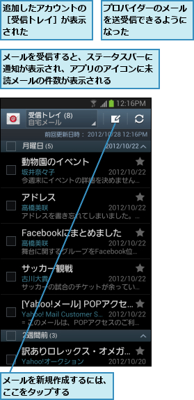 プロバイダーのメールを送受信できるようになった,メールを受信すると、ステータスバーに通知が表示され、アプリのアイコンに未読メールの件数が表示される,メールを新規作成するには、ここをタップする    ,追加したアカウントの［受信トレイ］が表示された