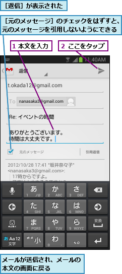 1 本文を入力,メールが送信され、メールの本文の画面に戻る    ,２ ここをタップ,［元のメッセージ］のチェックをはずすと、元のメッセージを引用しないようにできる,［返信］が表示された
