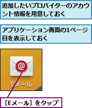 アプリケーション画面の1ページ目を表示しておく        ,追加したいプロバイダーのアカウント情報を用意しておく   ,［Eメール］をタップ