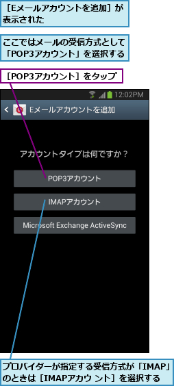 ここではメールの受信方式として「POP3アカウント」を選択する,プロバイダーが指定する受信方式が「IMAP」のときは［IMAPアカウ ント］を選択する,［Eメールアカウントを追加］が表示された              ,［POP3アカウント］をタップ