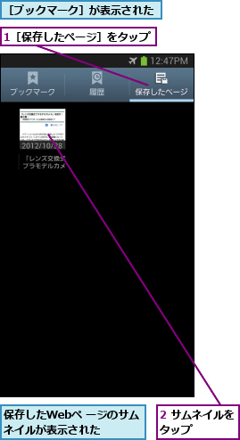 1［保存したページ］をタップ,2 サムネイルを　タップ      ,保存したWebペ ージのサムネイルが表示された  ,［ブックマーク］が表示された