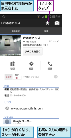 お気に入りの場所に登録できた    ,目的地の詳細情報が表示された    ,［☆］が白くなり、スターが付いた  ,［☆］をタップ