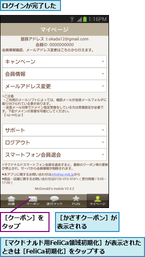 ログインが完了した,［かざすクーポン］が表示される    ,［クーポン］をタップ    ,［マクドナルド用FeliCa領域初期化］が表示されたときは［FeliCa初期化］をタップする