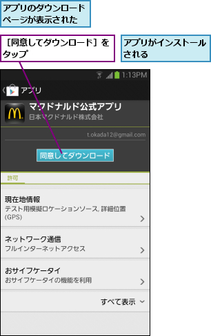 アプリがインストールされる      ,アプリのダウンロードページが表示された,［同意してダウンロード］をタップ          
