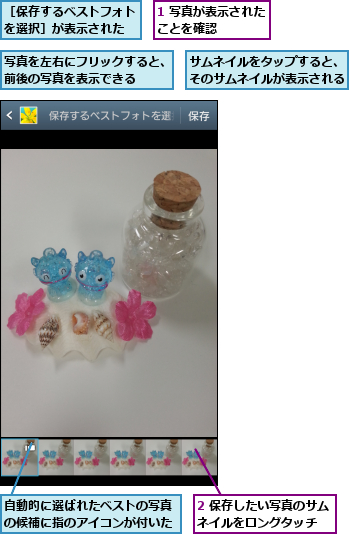 1 写真が表示されたことを確認    ,2 保存したい写真のサムネイルをロングタッチ  ,サムネイルをタップすると、そのサムネイルが表示される,写真を左右にフリックすると、前後の写真を表示できる  ,自動的に選ばれたベストの写真の候補に指のアイコンが付いた,［保存するベストフォトを選択］が表示された