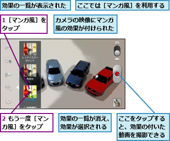 1［マンガ風］をタップ    ,2 もう一度［マンガ風］をタップ  ,ここでは［マンガ風］を利用する,ここをタップすると、効果の付いた動画を撮影できる,カメラの映像にマンガ風の効果が付けられた,効果の一覧が消え、効果が選択される,効果の一覧が表示された