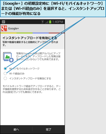 ［Google+］の初期設定時に［Wi-Fi/モバイルネットワーク］または［Wi-Fi経由のみ］を選択すると、インスタントアップロードの機能が有効になる