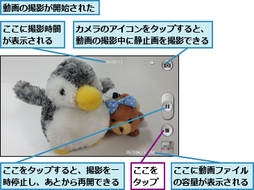 ここに動画ファイルの容量が表示される,ここに撮影時間が表示される,ここをタップ,ここをタップすると、撮影を一時停止し、あとから再開できる,カメラのアイコンをタップすると、動画の撮影中に静止画を撮影できる,動画の撮影が開始された