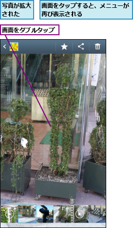 写真が拡大された  ,画面をタップすると、メニューが再び表示される        ,画面をダブルタップ