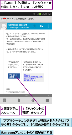 1［Gmail］を起動し、［アカウントを有効にします。］のメールを開く,2 画面を下にスクロール  ,3［アカウントの確認］をタップ,Samsungアカウントの作成が完了する,［アプリケーションを選択］が表示されたときは［ブラウザ］をタップし、［今回のみ使用］をタップする