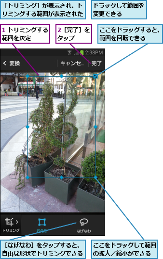 1 トリミングする範囲を決定    ,2［完了］をタップ  ,ここをドラッグして範囲の拡大／縮小ができる,ここをドラッグすると、範囲を回転できる  ,ドラッグして範囲を変更できる    ,［なげなわ］をタップすると、自由な形状でトリミングできる,［トリミング］が表示され、トリミングする範囲が表示された