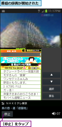 番組の録画が開始された,［停止］をタップ