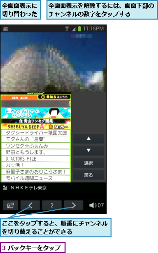 3 バックキーをタップ,ここをタップすると、順番にチャンネルを切り替えることができる      ,全画面表示に切り替わった,全画面表示を解除するには、画面下部のチャンネルの数字をタップする    