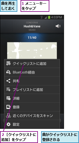 1 メニューキーをタップ   ,曲がクイックリストに登録される    ,曲を再生しておく,２［クイックリストに追加］をタップ  