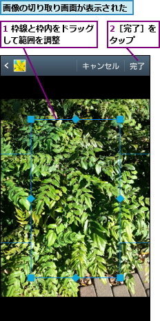1 枠線と枠内をドラッグして範囲を調整    ,2［完了］をタップ  ,画像の切り取り画面が表示された