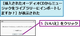 5［いいえ］をクリック,［挿入されたオーディオCDからミュージックをライブラリーにインポートしますか？］が表示された