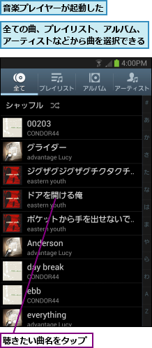 全ての曲、プレイリスト、アルバム、アーティストなどから曲を選択できる,聴きたい曲名をタップ,音楽プレイヤーが起動した