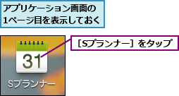 アプリケーション画面の 1ページ目を表示しておく,［Sプランナー］をタップ