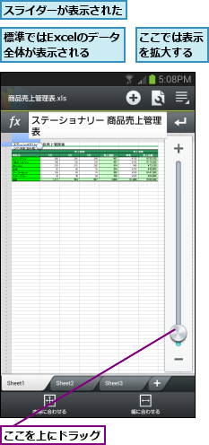 ここでは表示を拡大する,ここを上にドラッグ,スライダーが表示された,標準ではExcelのデータ全体が表示される
